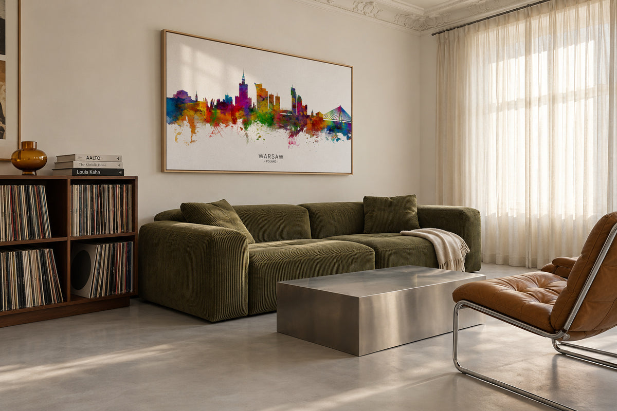 Warsaw Skyline multicolor - Framed canvas in an interior