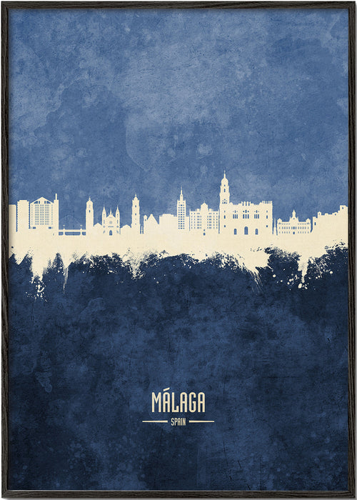 Travel poster Málaga skyline blauw
