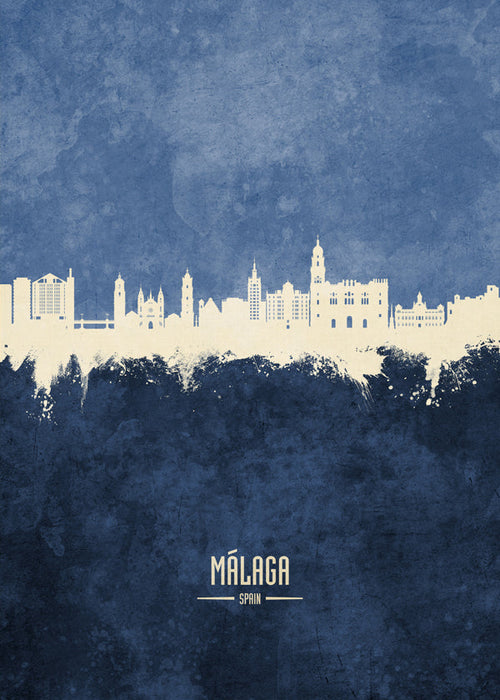 Travel poster Málaga skyline blauw