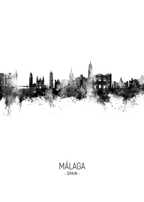 Stadsprent Málaga skyline in zwart-wit