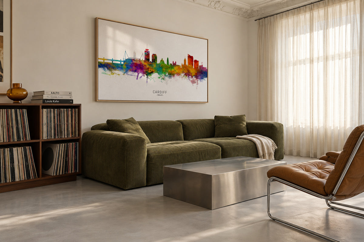 Cardiff Skyline multicolor - Framed canvas in an interior