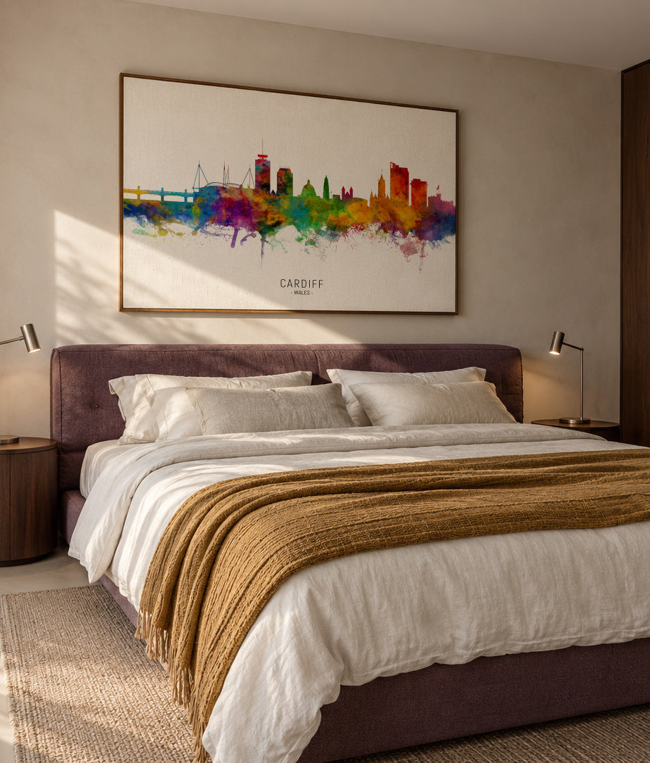 Cardiff Skyline multicolor - Framed canvas in an interior