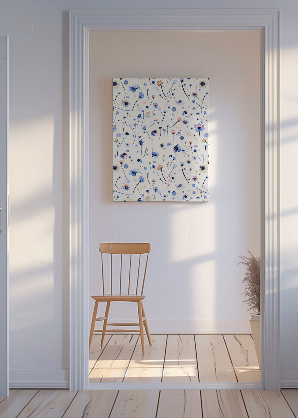 Botanische print met losse blauwe bloemen