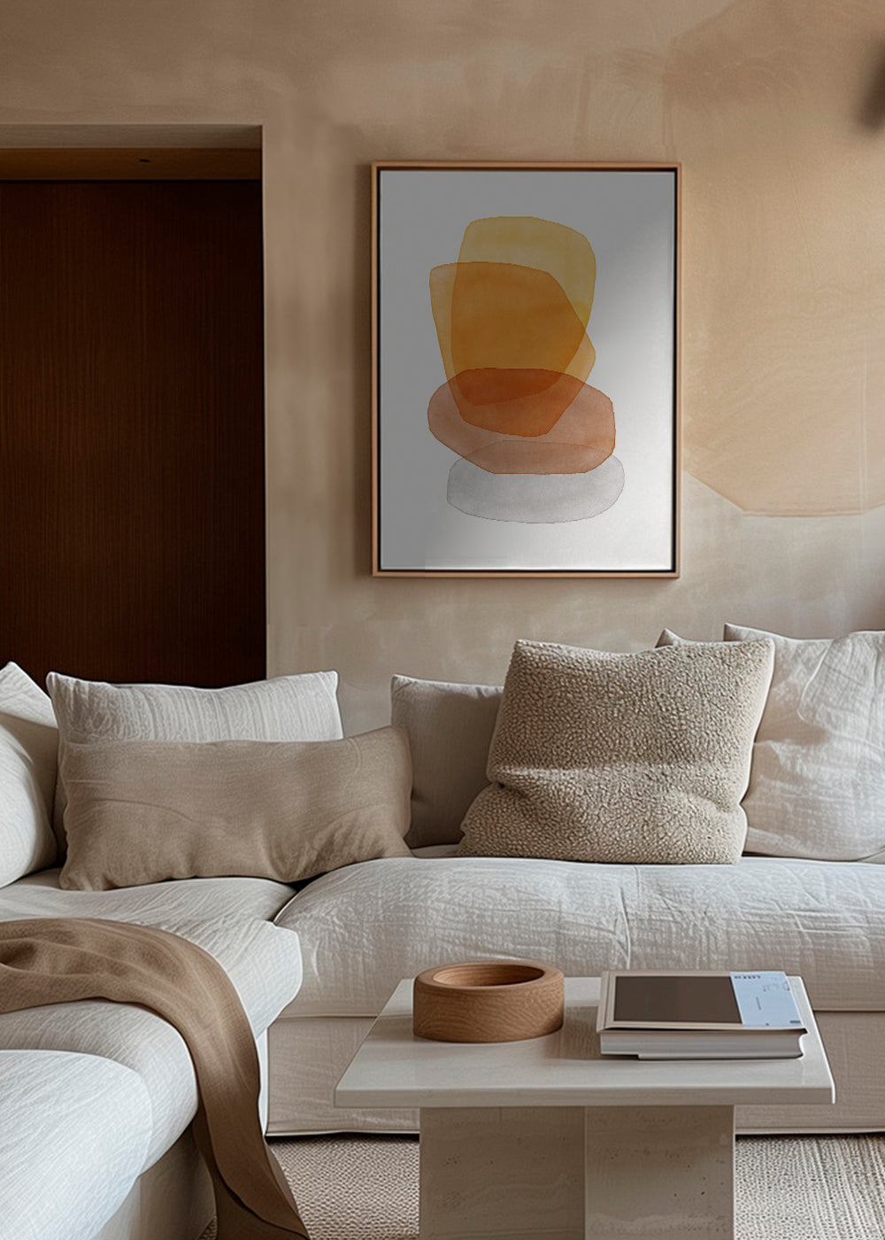 Abstracte kunst met oker opgestapelde vormen