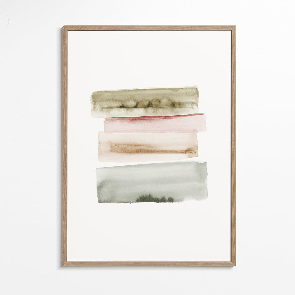 Abstracte aquarel kunst met verticale groene en roze streken
