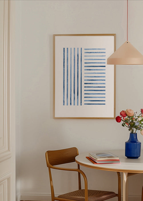 Geometrische print met blauwe strepen