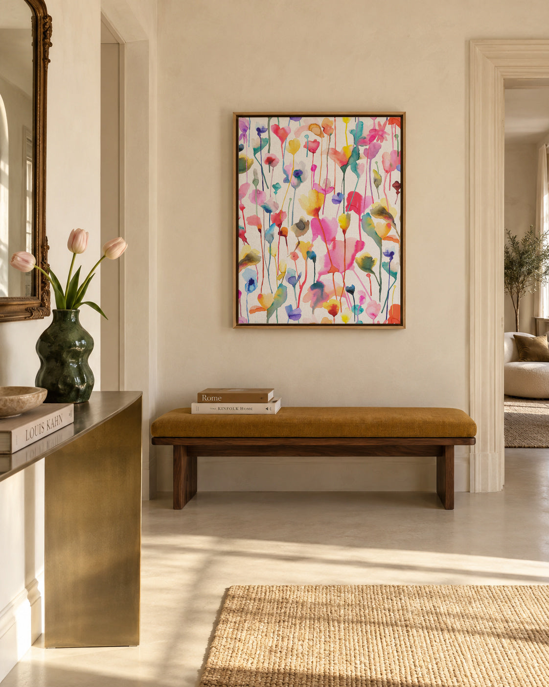 Wild Rustic Flowers Colorful - Framed canvas in an interior