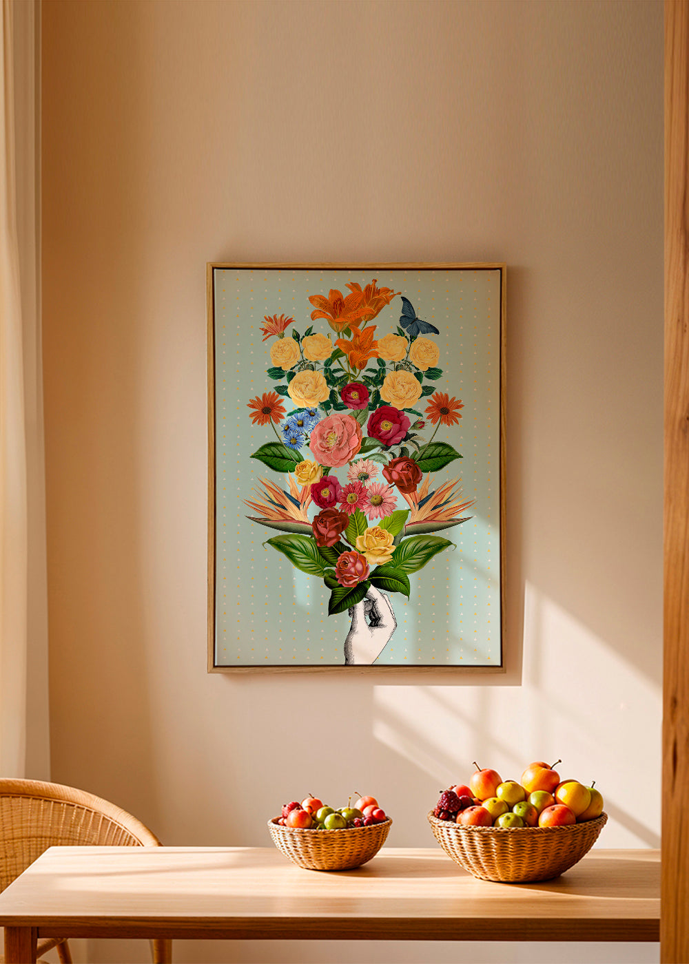 Botanische poster kleurrijk boeket op blauwe achtergrond
