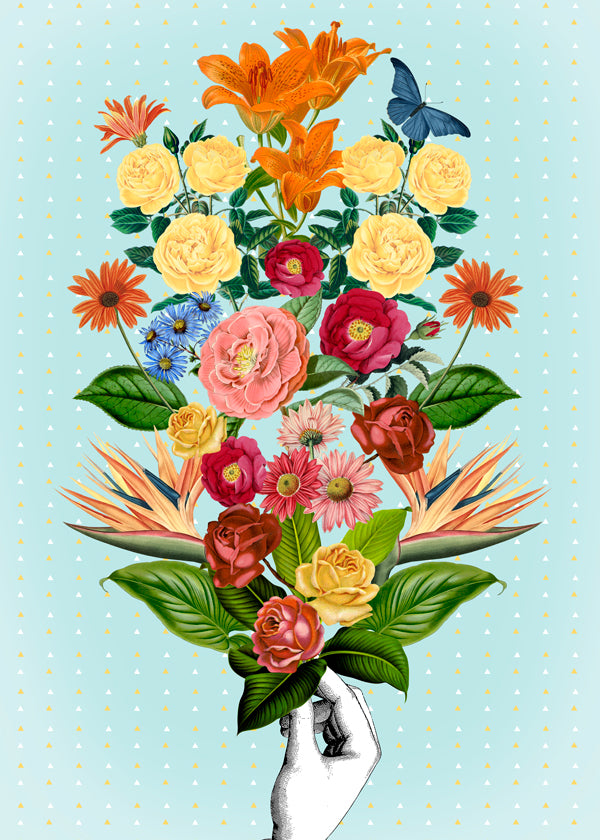 Botanische poster kleurrijk boeket op blauwe achtergrond
