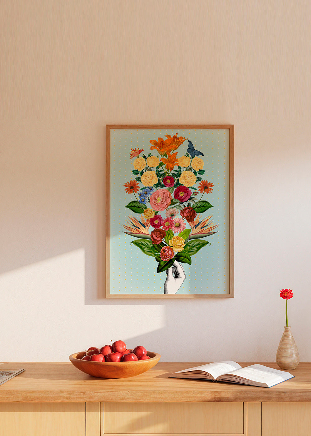 Botanische poster kleurrijk boeket op blauwe achtergrond