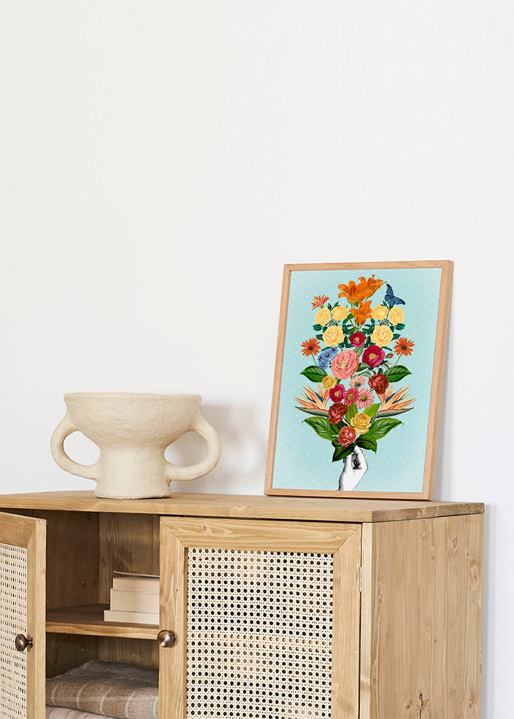 Botanische poster kleurrijk boeket op blauwe achtergrond