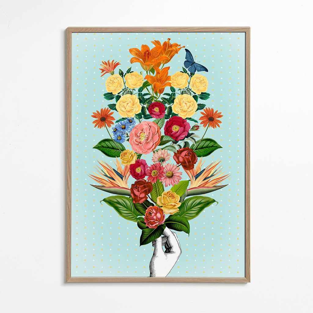 Botanische poster kleurrijk boeket op blauwe achtergrond