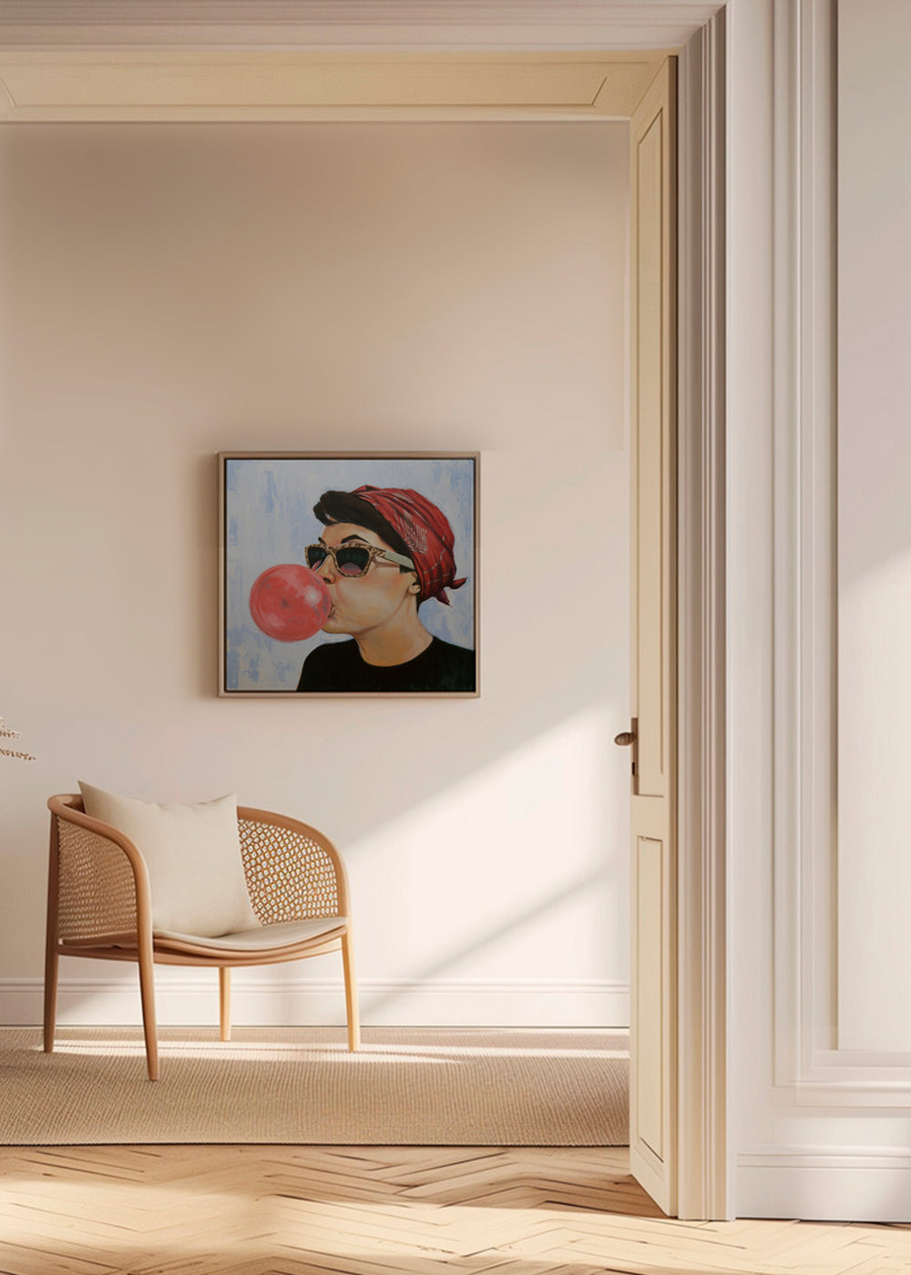 Vintage poster vrouw met zonnebril en kauwgom