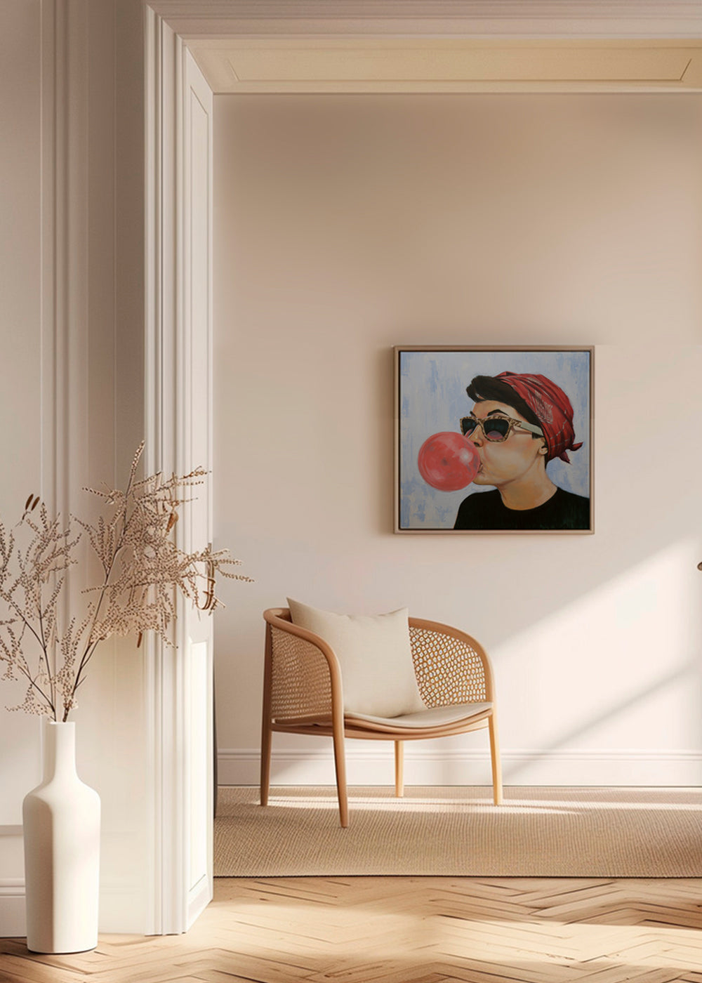Vintage poster vrouw met zonnebril en kauwgom
