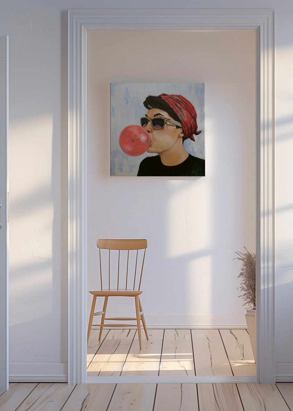 Vintage poster vrouw met zonnebril en kauwgom