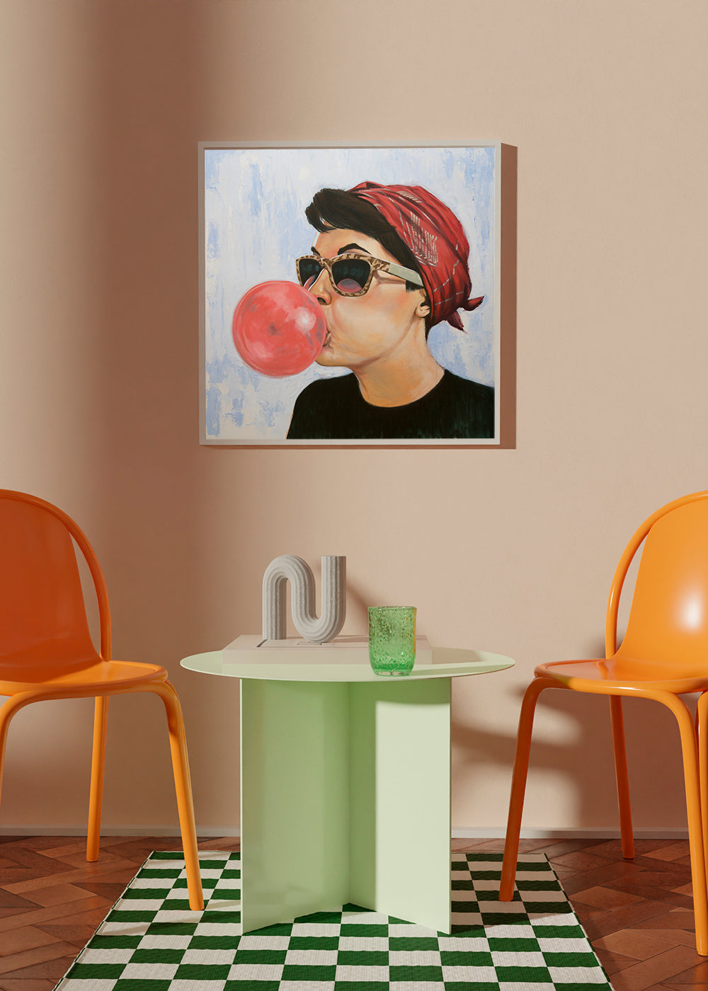 Vintage poster vrouw met zonnebril en kauwgom