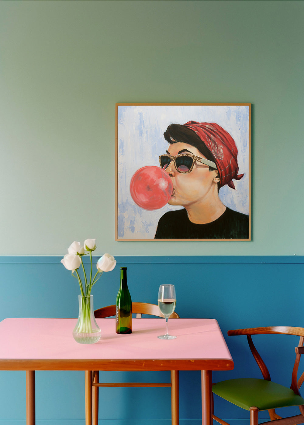 Vintage poster vrouw met zonnebril en kauwgom