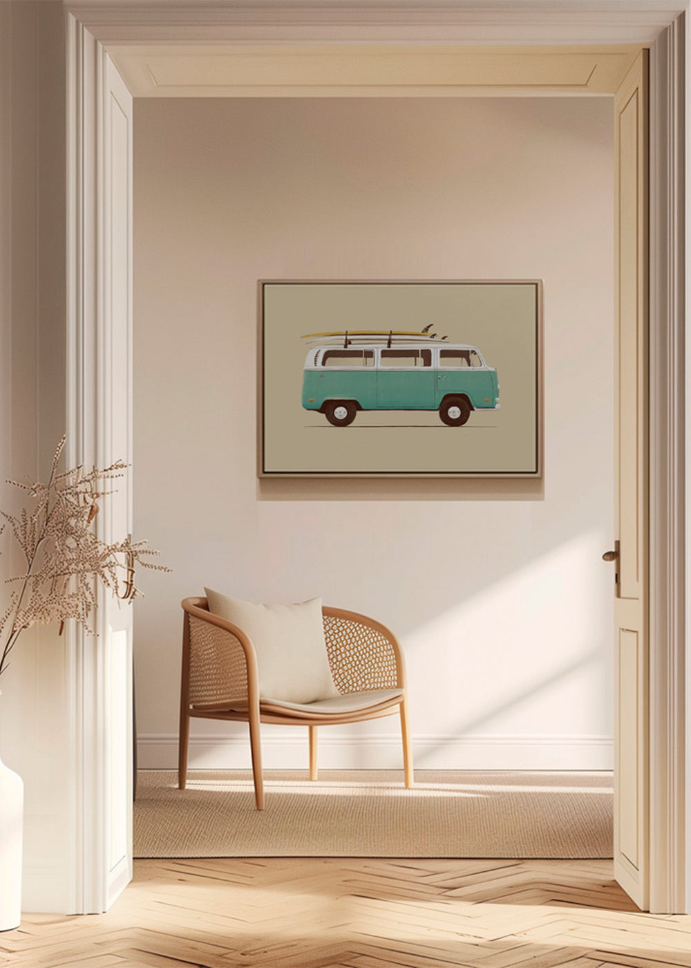 Vintage print turquoise campervan met surfplanken