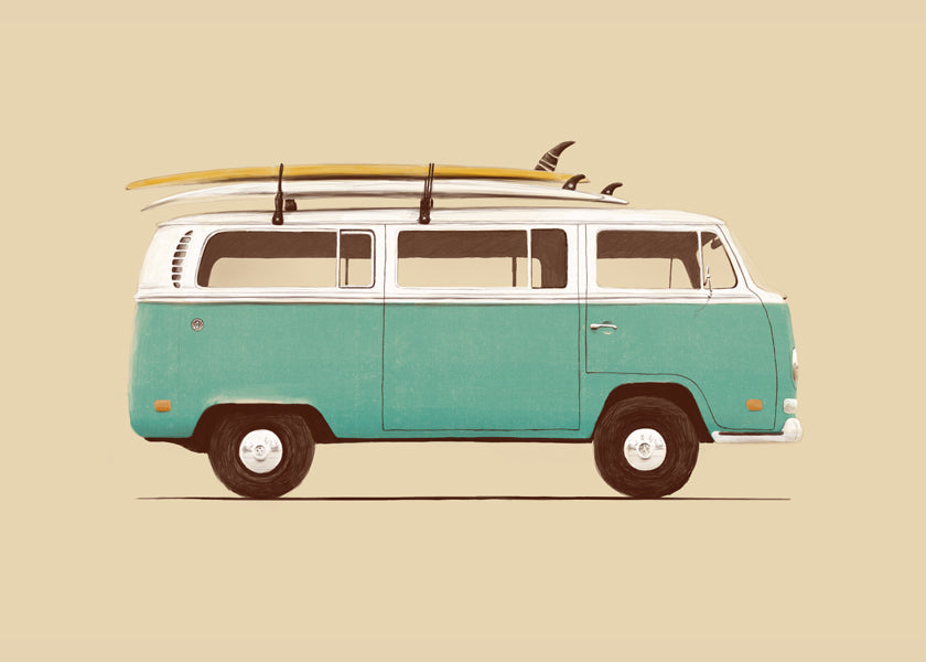 Vintage print turquoise campervan met surfplanken