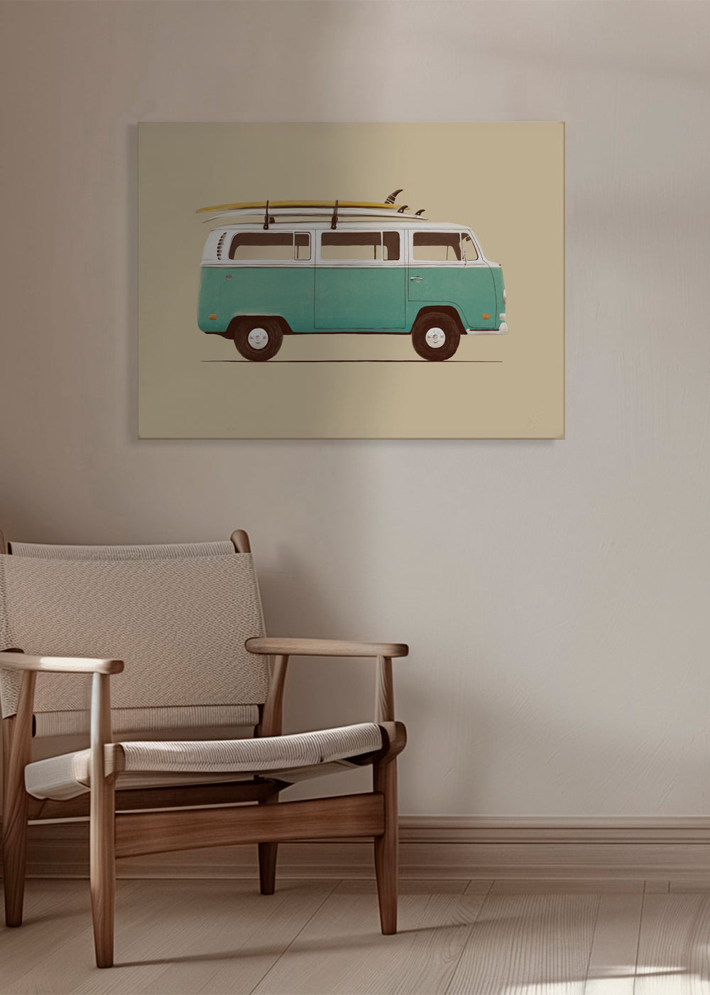 Vintage print turquoise campervan met surfplanken