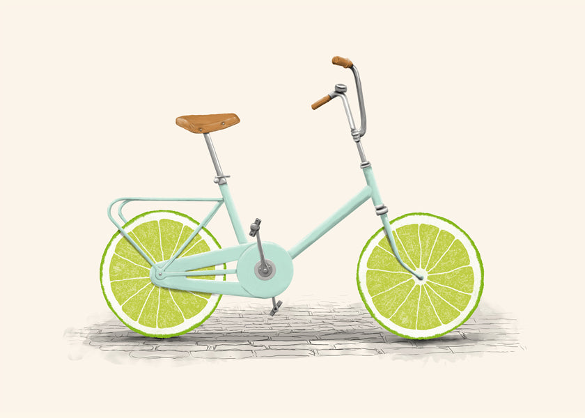 Illustratie fiets met limoen-wielen