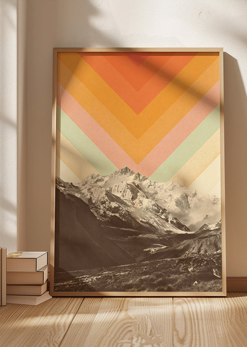 Landschapsschilderij met bergtoppen en retro chevron