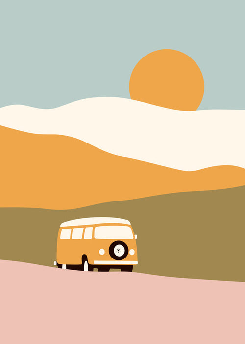 Minimalistische bus poster met zon