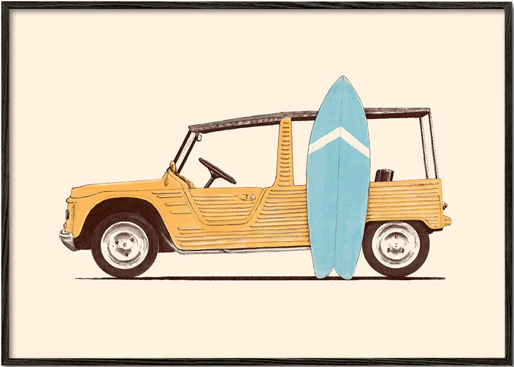 Vintage poster met auto en surfplank