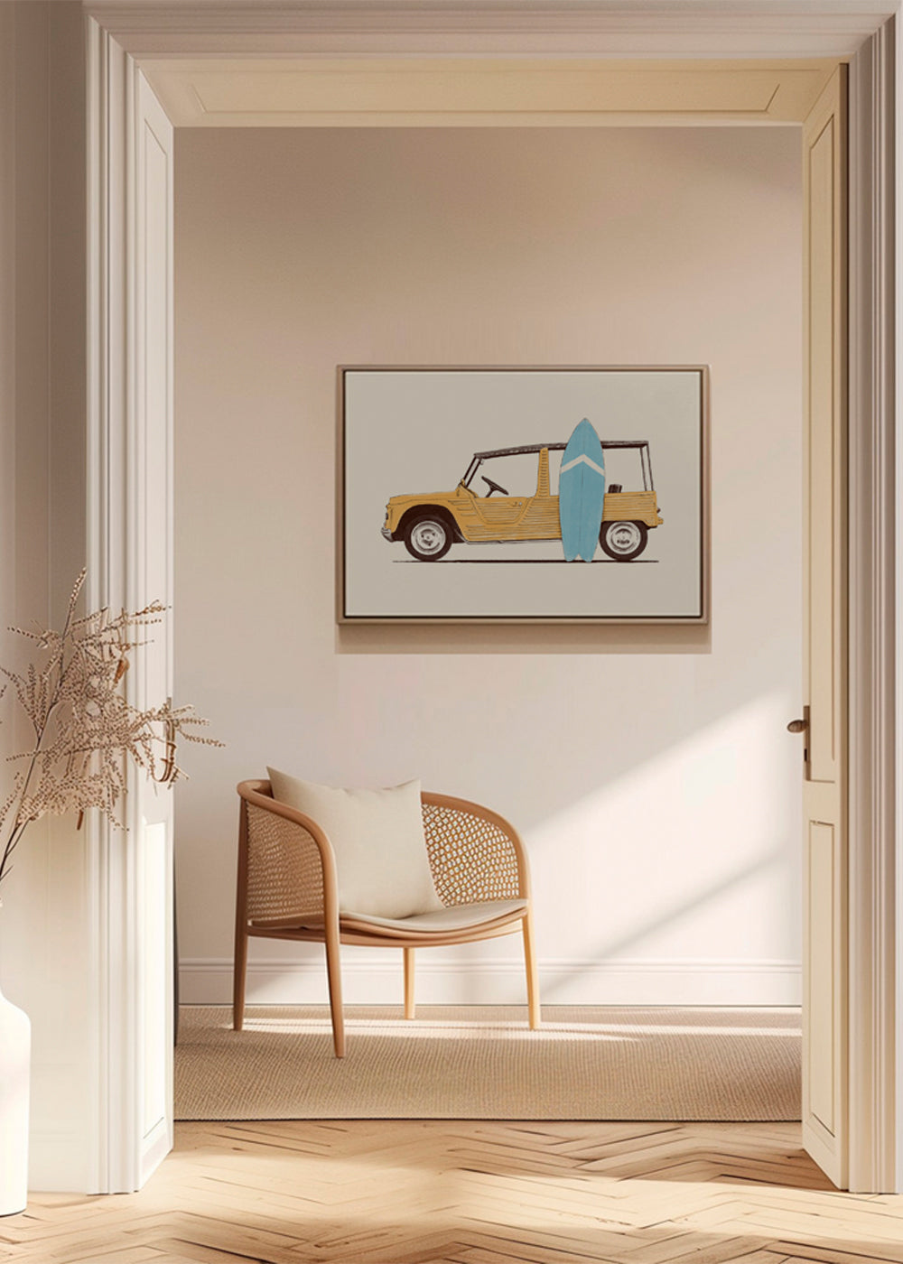 Vintage poster met auto en surfplank