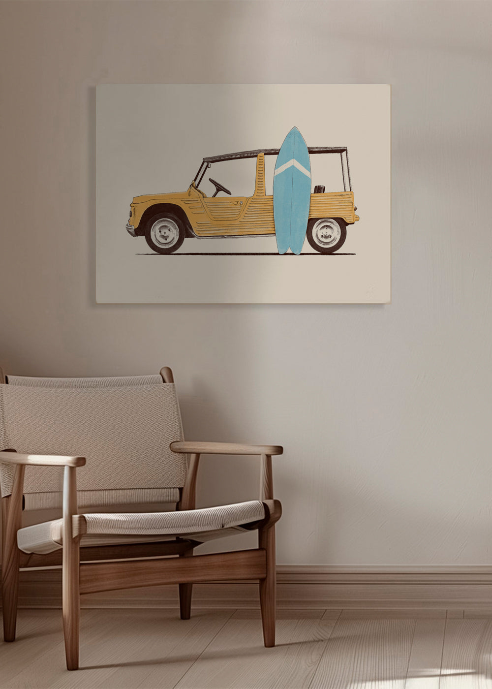 Vintage poster met auto en surfplank
