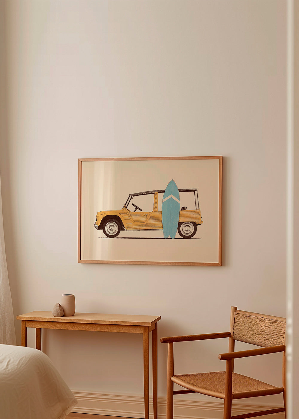 Vintage poster met auto en surfplank
