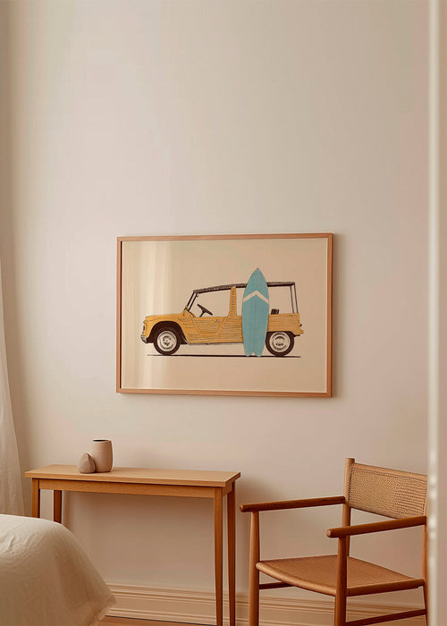 Vintage poster met auto en surfplank