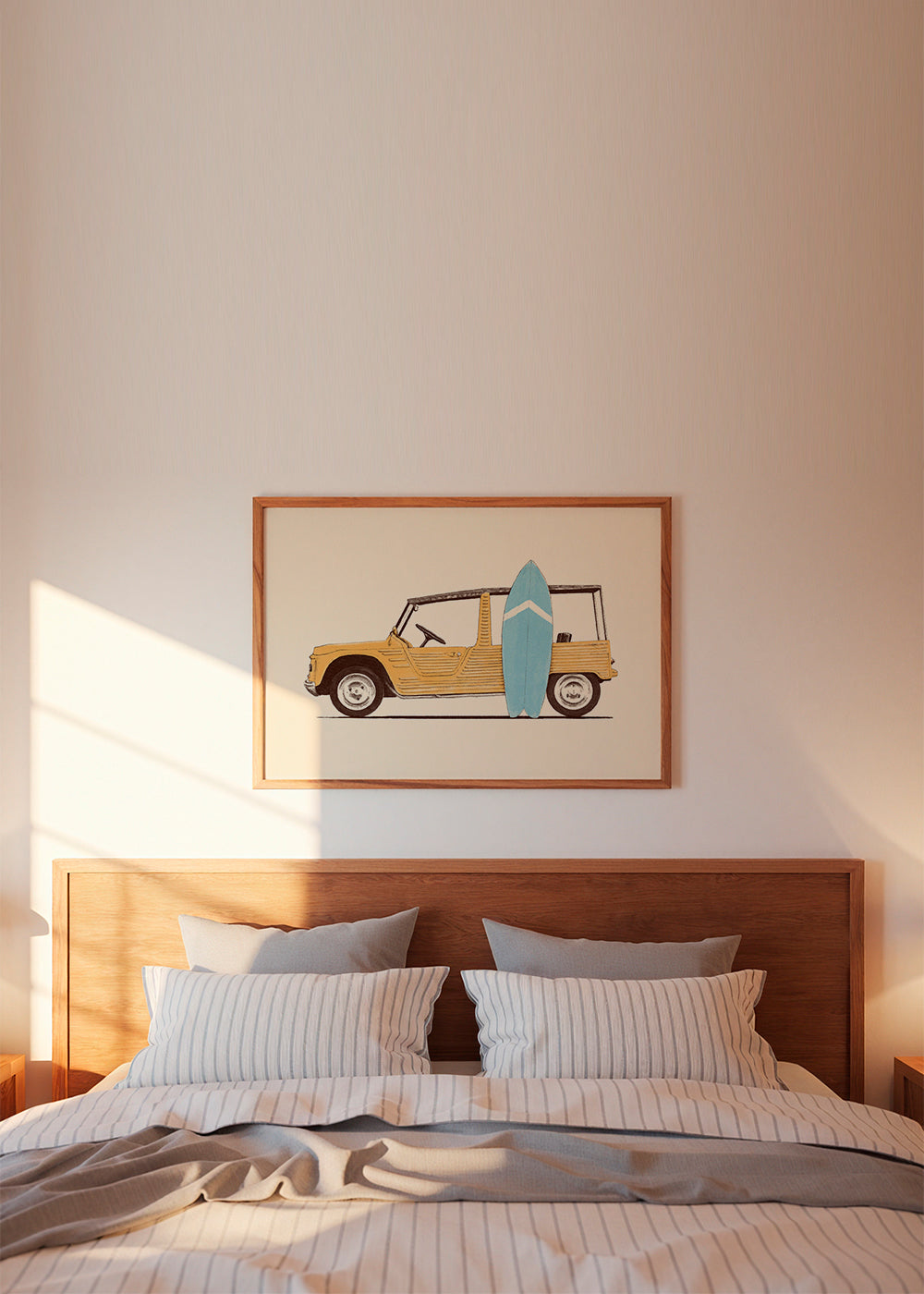 Vintage poster met auto en surfplank