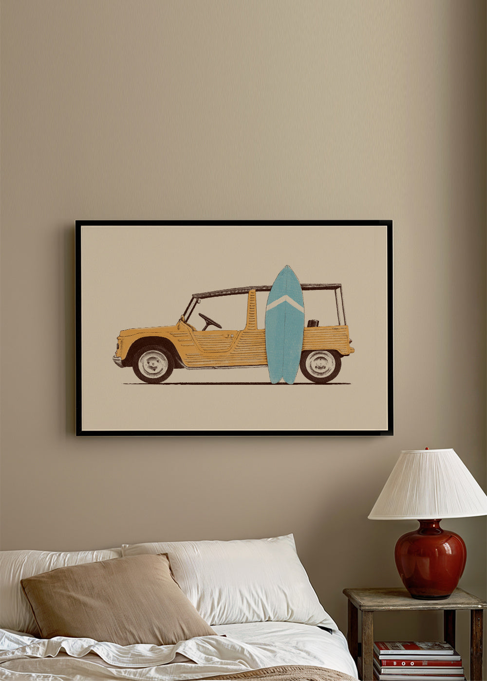 Vintage poster met auto en surfplank