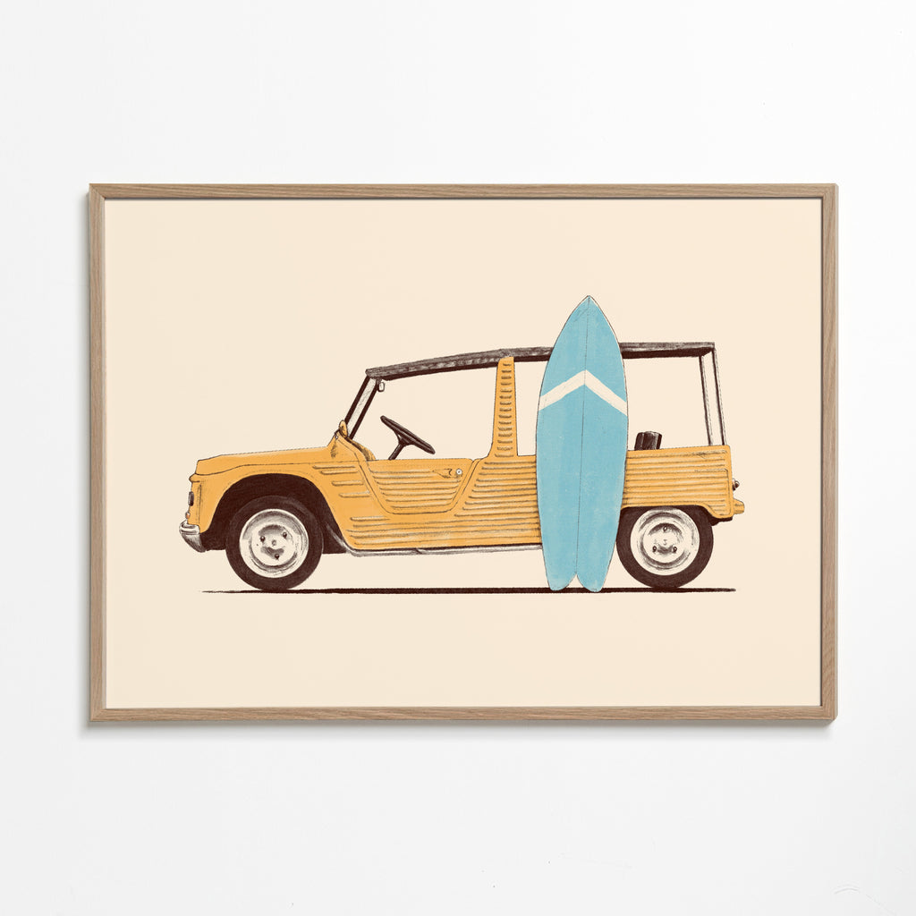 Vintage poster met auto en surfplank