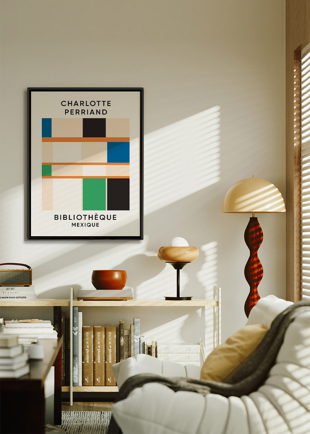 Geometrische poster met blokken en typografie 'Bibliothèque'