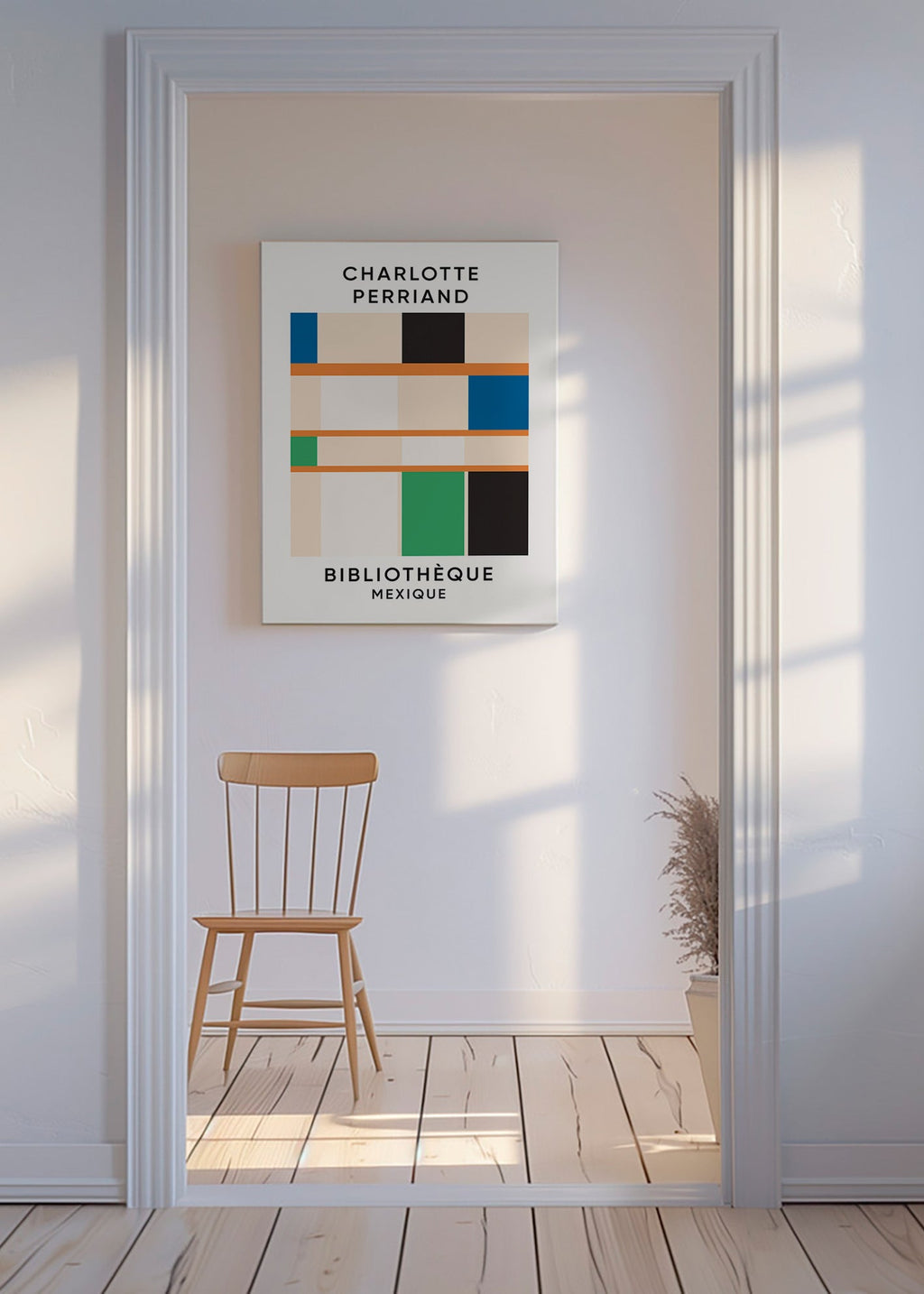 Geometrische poster met blokken en typografie 'Bibliothèque'
