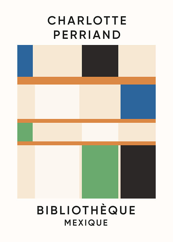Geometrische poster met blokken en typografie 'Bibliothèque'