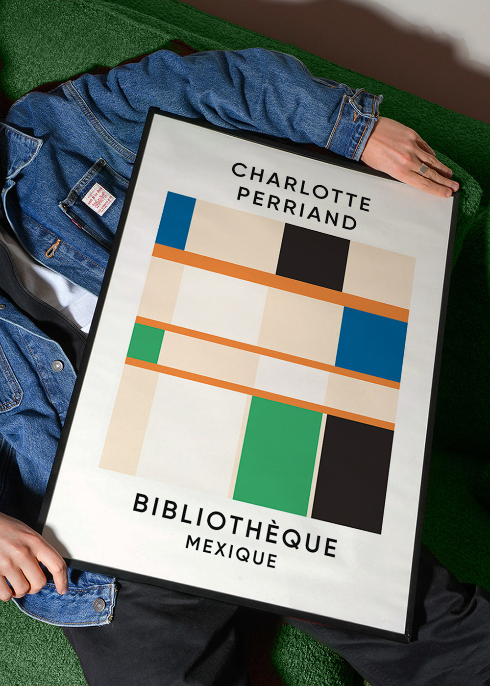 Geometrische poster met blokken en typografie 'Bibliothèque'