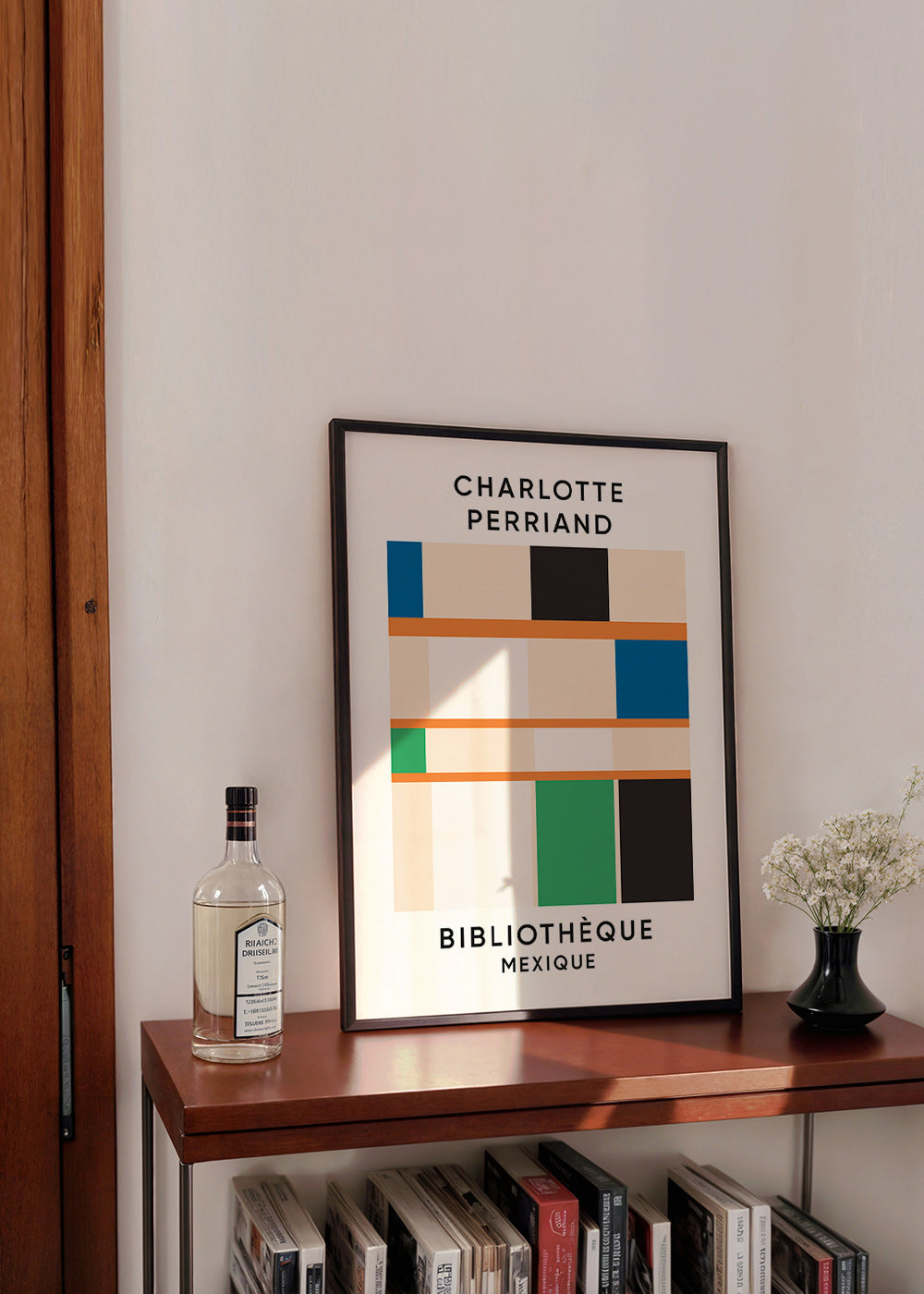 Geometrische poster met blokken en typografie 'Bibliothèque'