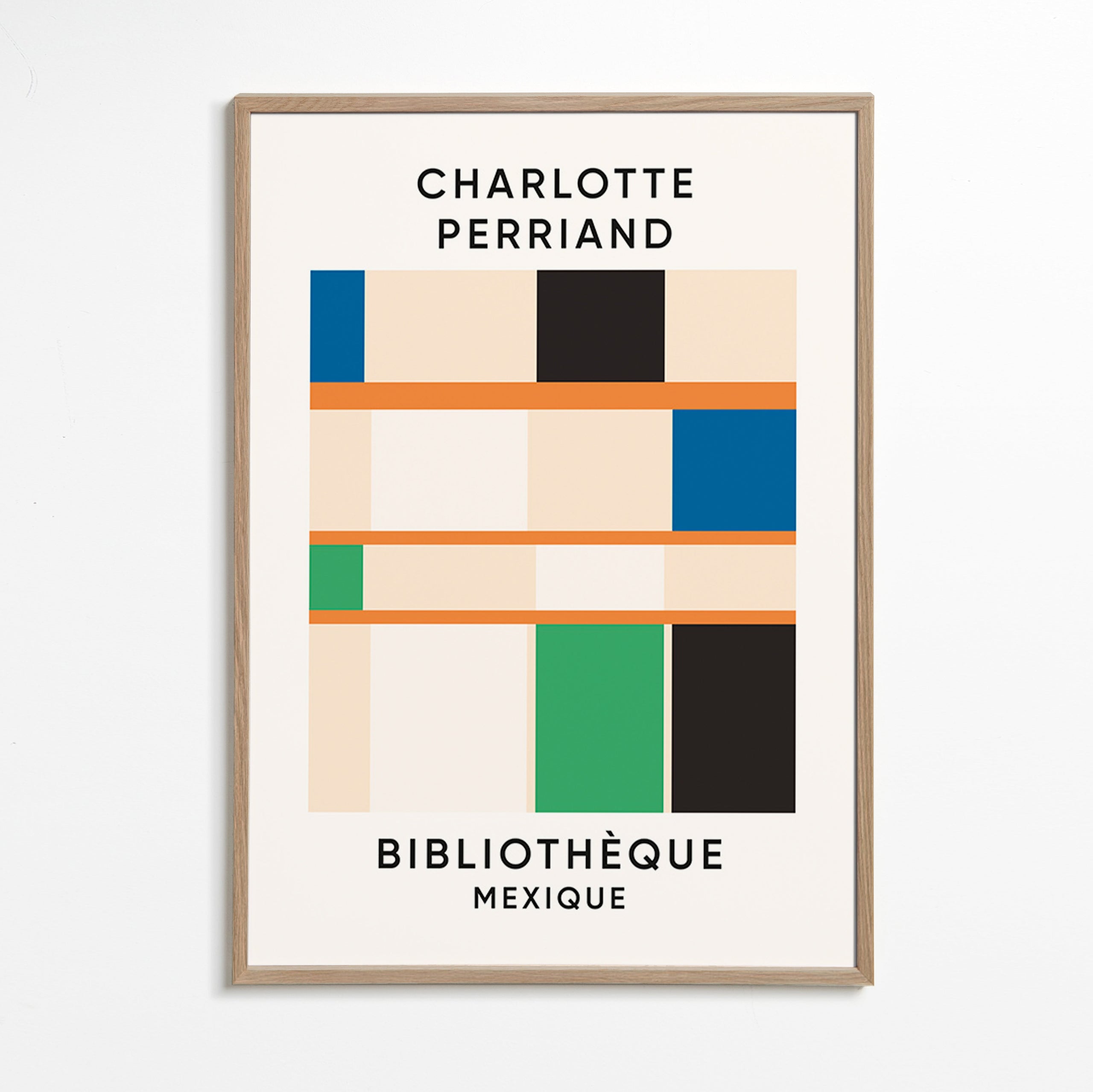 Geometrische poster met blokken en typografie 'Bibliothèque'