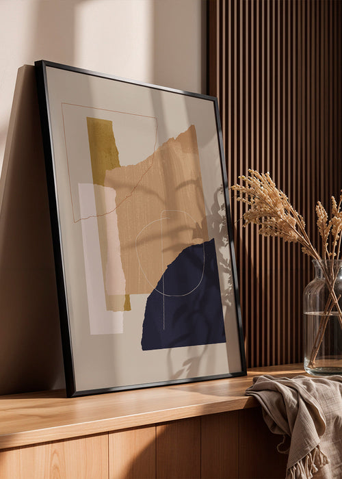 Abstract werk in aardetinten met lineaire gebaren