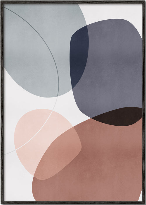 Abstract kunstwerk met organische blauw-terracotta vormen