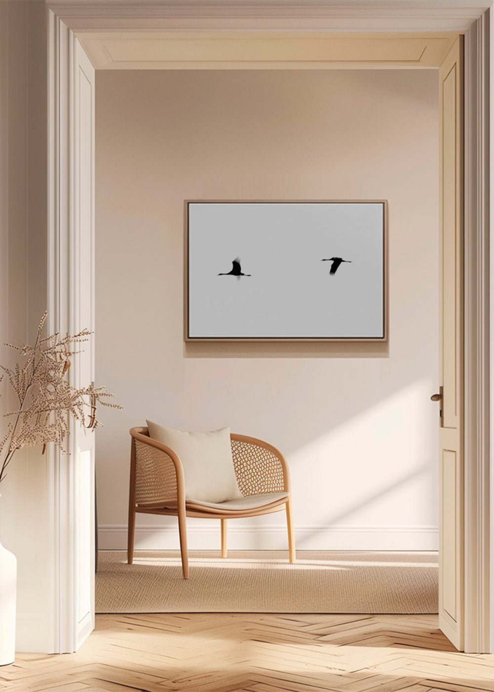 Kunstwerk kraanvogels in vlucht