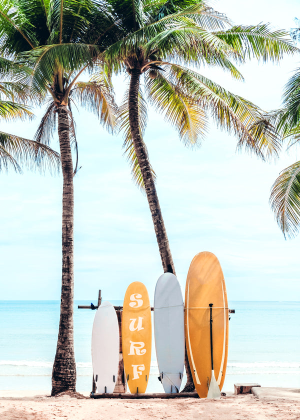 Sport kunst: surfboards op een tropisch strand