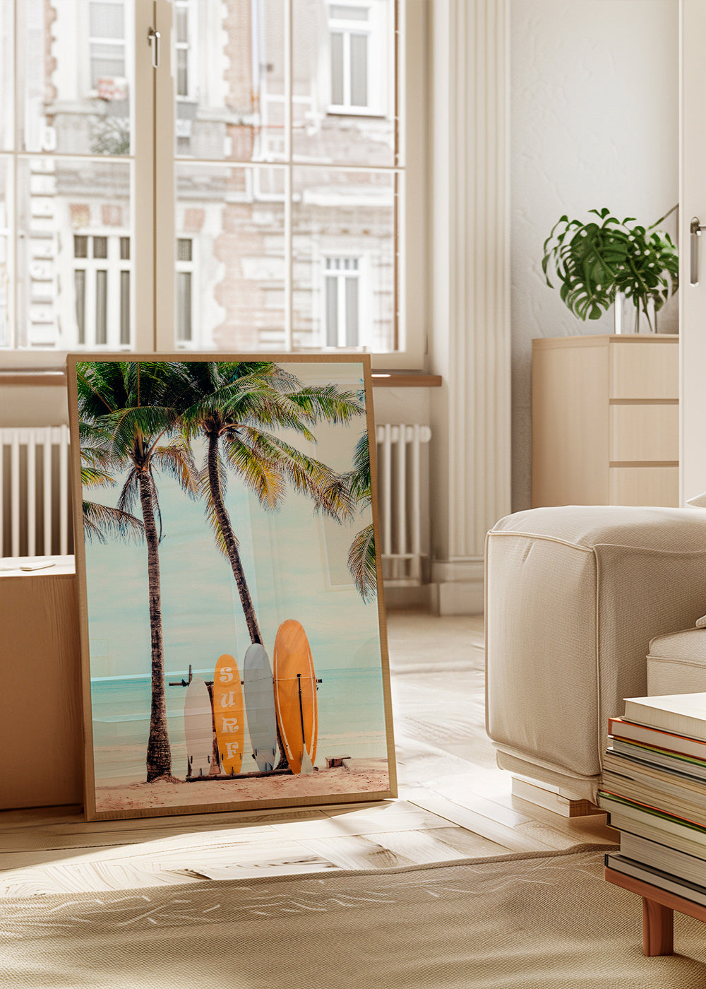 Sport kunst: surfboards op een tropisch strand