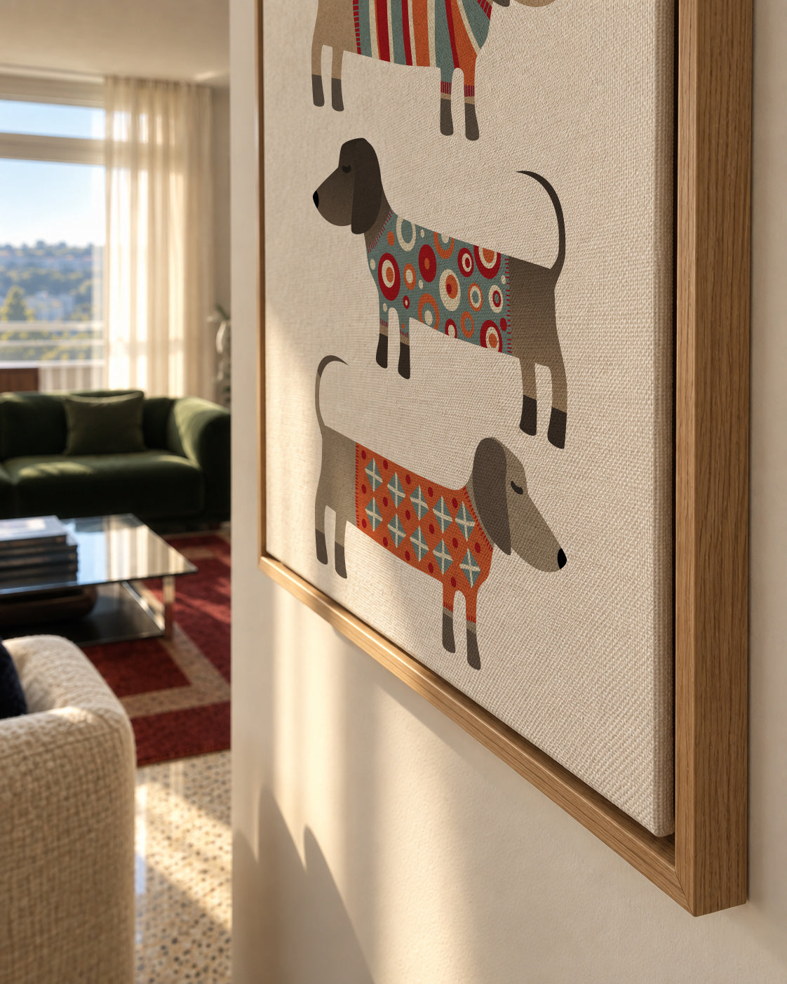 Sausage Dogs in Sweaters - Framed canvas detail