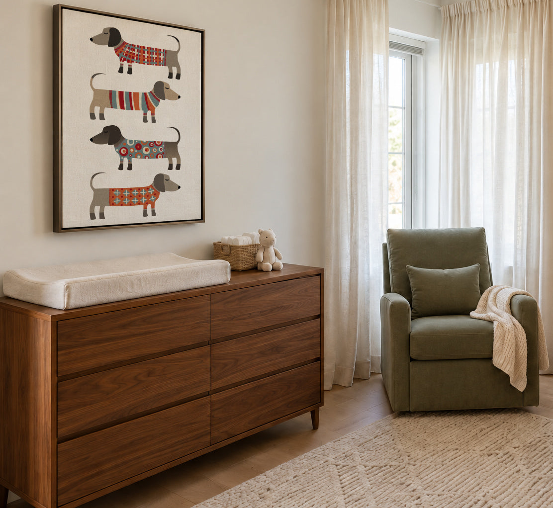 Sausage Dogs in Sweaters - Framed canvas in an interior