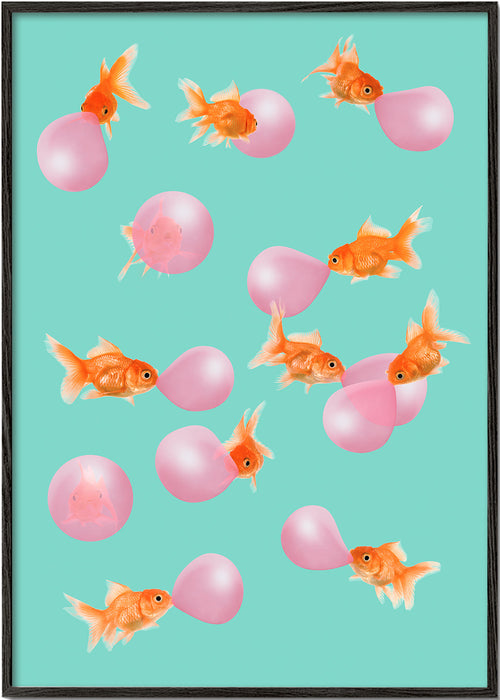 Kunstwerk goudvis met roze bellen