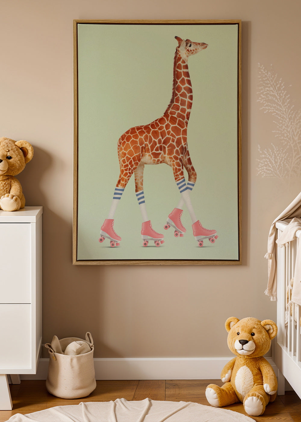 Rollerskating Giraffe - Framed canvas in an interior